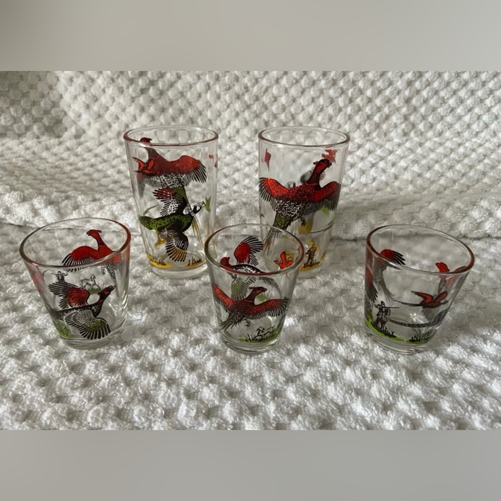 Vintage Hazel Atlas Pheasant Hunting Bar Glasses